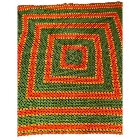 Vintage 1970s Handmade Crochet Afghan Blanket 58" X 54" Green Orange Yellow Squa - Picture 4 of 5